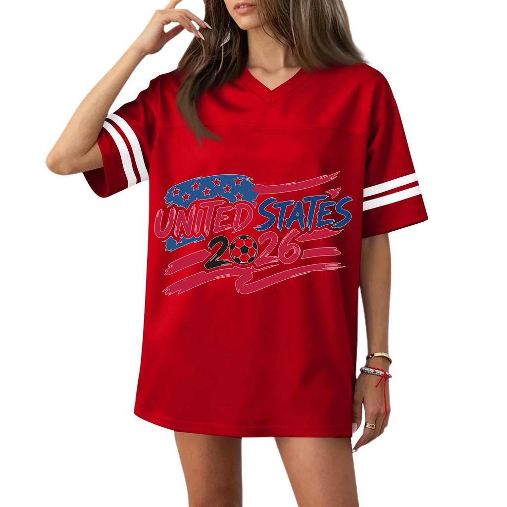 Women’s Casual V Neck Short Sleeve Soccer Jersey Top with States Flag and 2026 Football Graphic Print for Sports and Wear