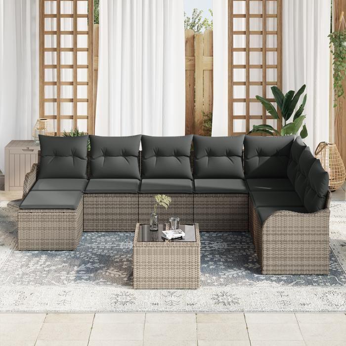Ensemble de canapé de jardin 8 pièces avec coussins en rattan, Canapé de jardin 2 places avec coussins en rattan gris 3345829