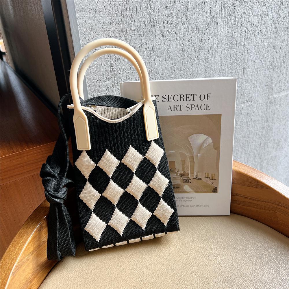 Plaid Cartoon Women's Crossbody Mini Bag: Cute, Lightweight, Knitted Phone Holder for Parent-Child Matching (2024)