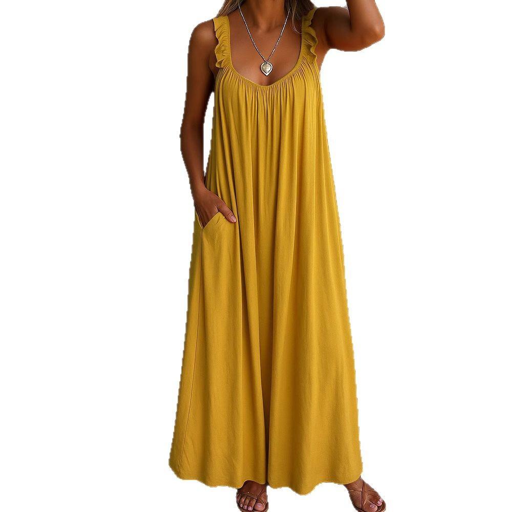 Women's Sleeveless Ruffle Neck Maxi Dress with Side Pockets