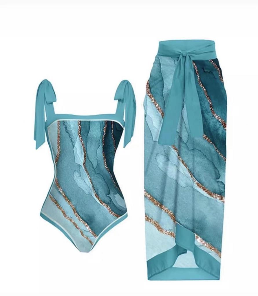 2Pcs/Set Women Printing Monokini with Skirt Sling Bandeau One-Piece Hot Spring Swimsuit with Beach Cover Up