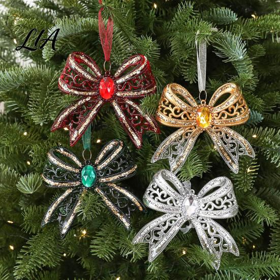 Christmas Tree Embellishments Acrylic Faux Crystal Bow Ornament, Sparkly Hollow Gold Edged Ornaments Knot Hanging Decoration for Home New Year