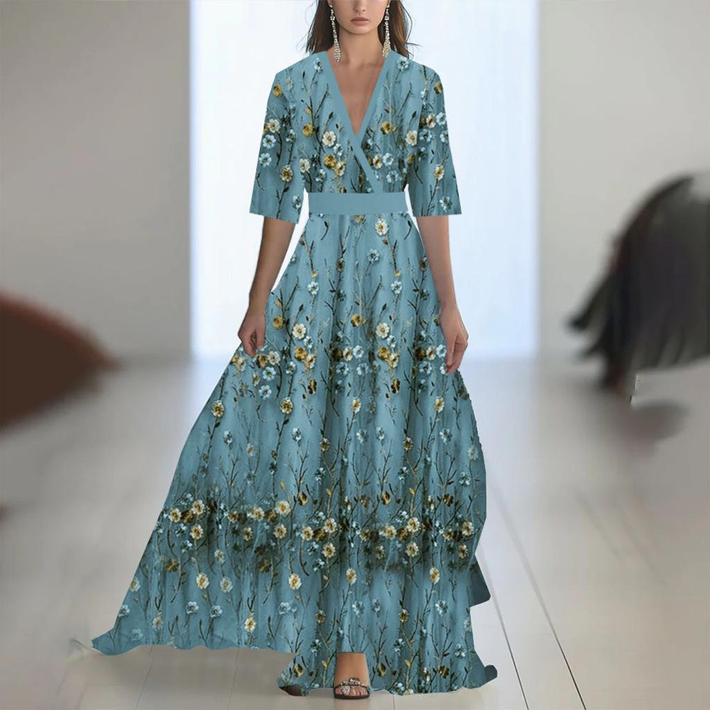 Ladies' Casual And Fashionable Color Printed Patchwork V-neck Long Dress