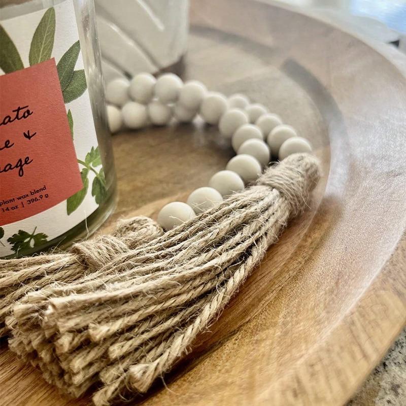1pc Farmhouse Beads Wooden Beads Garland with Tassels – Rustic Boho Wedding Decor Holiday Wreath for Door/Halloween/Thanksgiving/Christmas