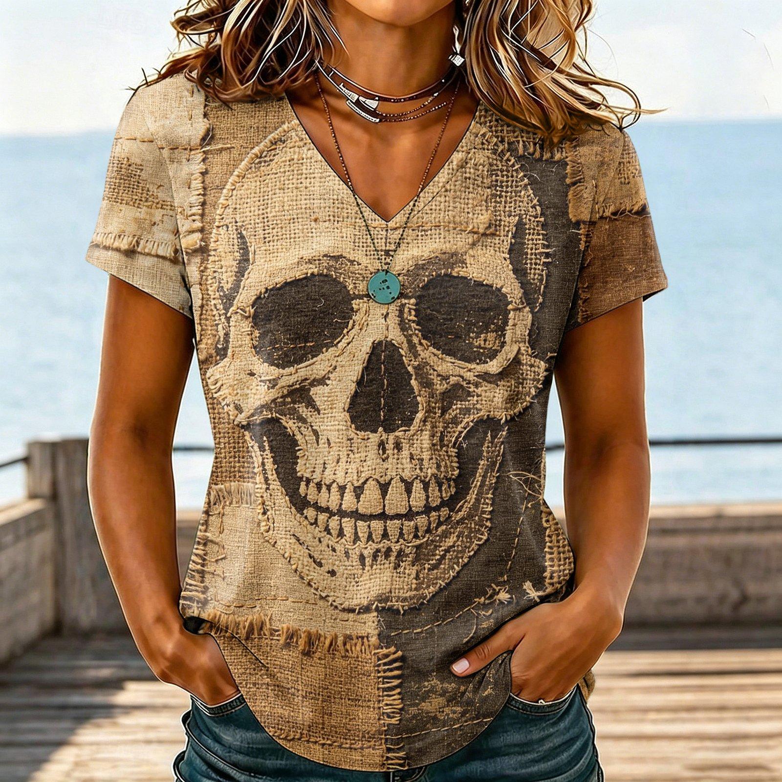 Women s Casual V-Neck T-Shirt with Halloween Print XL