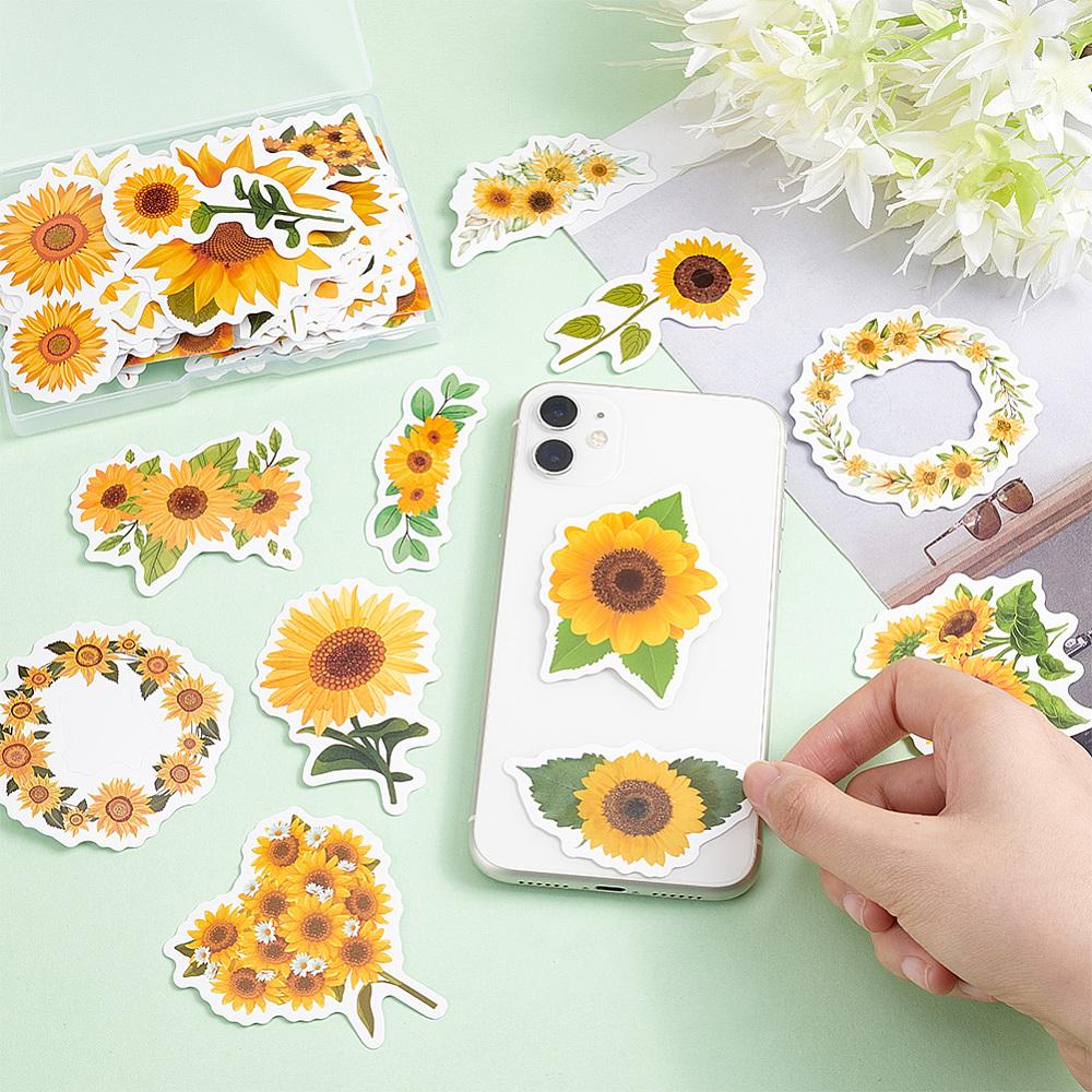 1box Waterproof PVC Self-Adhesive Stickers for Suitcase Skateboard Refrigerator Helmet Mobile Phone Shell Sunflower Pattern 60~80mm 100pcs/box