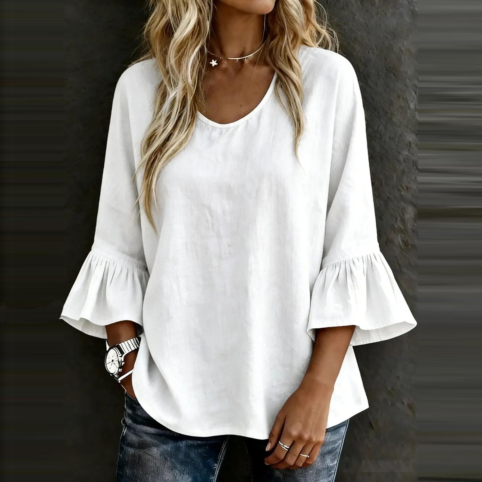 Women’s Loose Fit Ruffle Sleeve Blouse with Round Neck and Flared Three Quarter Sleeves for Casual Daily Wear S белый