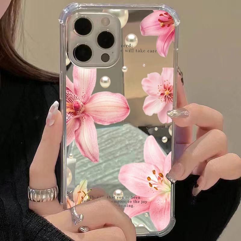 Lily Flower Pattern Mirror Soft Phone Case For iPhone 11 12 13 14 15 16 Pro Max XS X XR 7 8 Plus Make Up Mirror Shockproof Cover