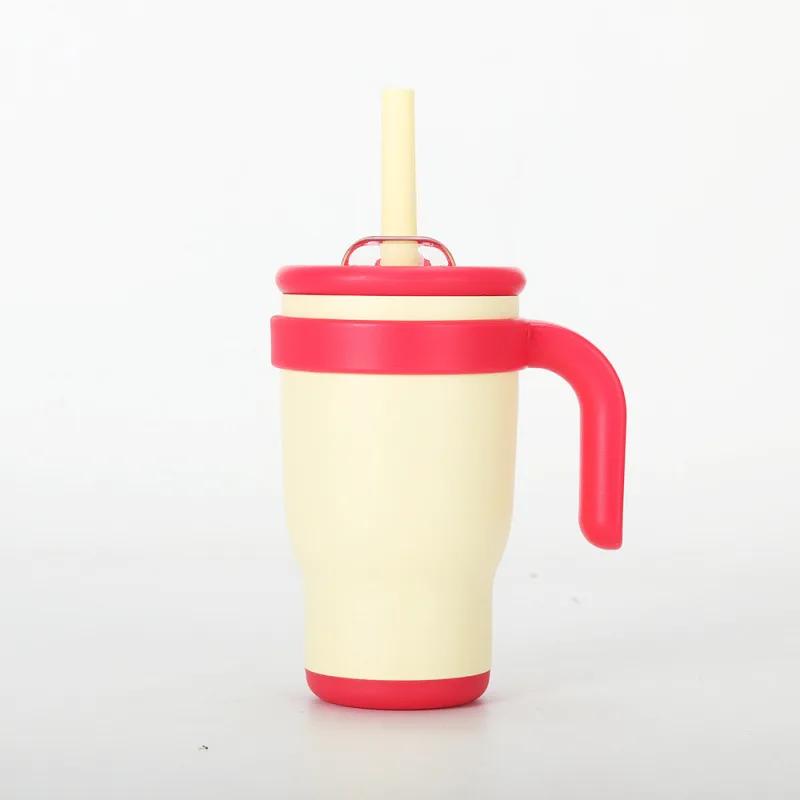 Color Blocking 14Oz Straw Car Cup, Children'S Student Insulated Cup, Stainless Steel Water Cup Handle, The Best Gift For Car Cup