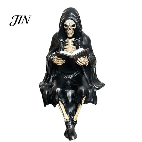 Bureau Decoratie Gotische Dark Fantasy Leesbeeldje, Mysterieus Figuur met Kap Beeldhouwwerk, Gotisch Thema Display Stuk Hars Zittende Magere Hein