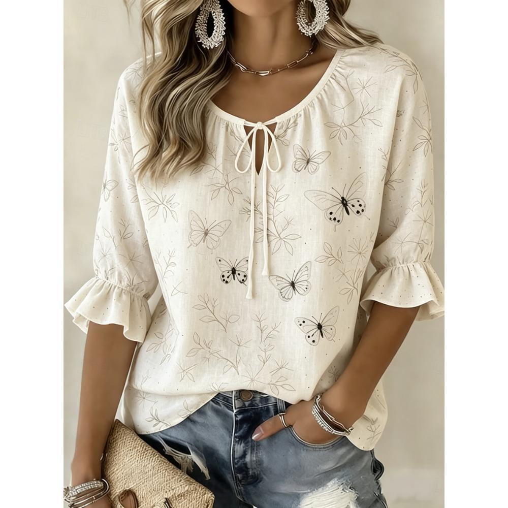 Women's Beige Floral & Butterfly Print Tie Neck Blouse, Casual Loose Tops for Spring Summer Daily Wear & Vacation Occasions