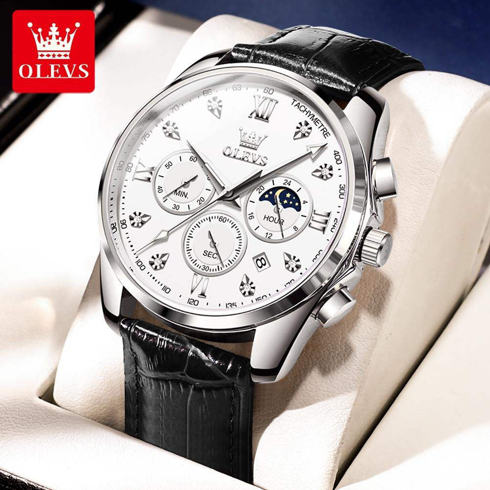 OLEVS 2888 Men's Watches Fashion Style Original Quartz Watch for Man Comfortable Leather Strap Waterproof Luminous Moon Phase