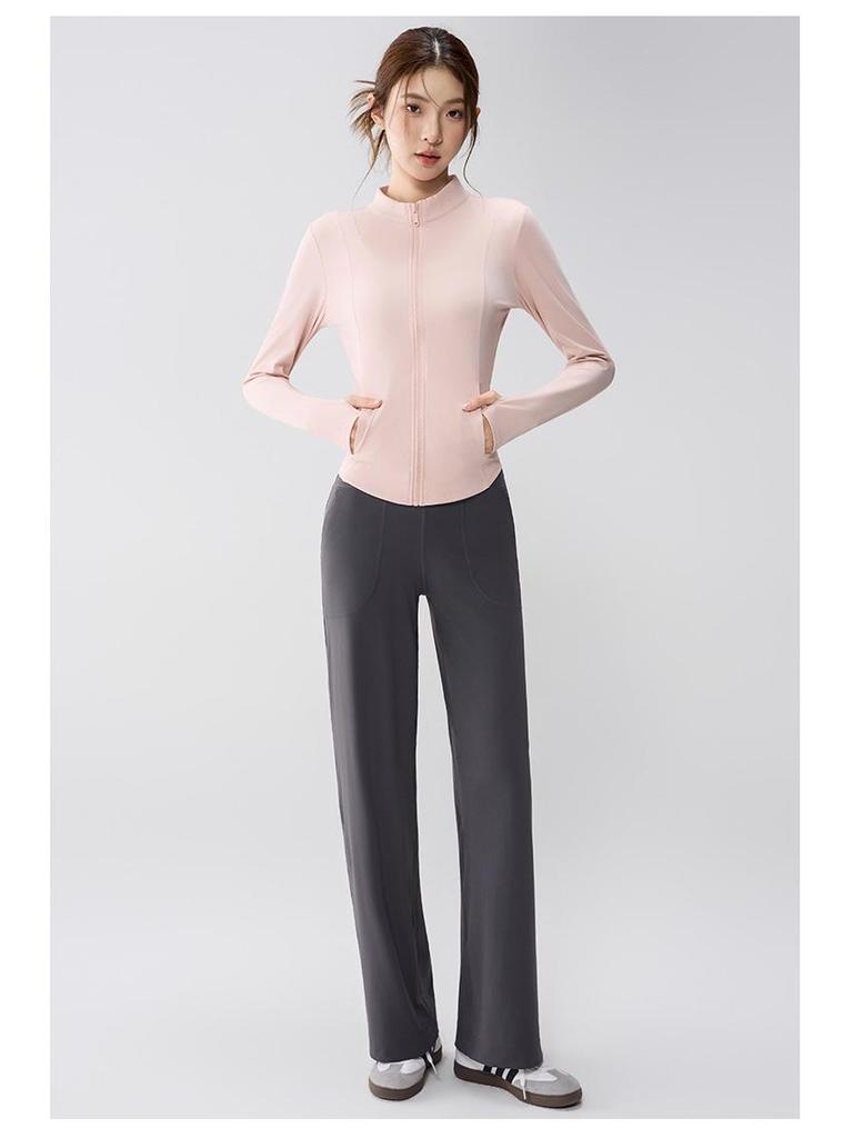 Full-Zip Yoga Suit with Pockets: Slimming Long Sleeve Top for Running & Fitness