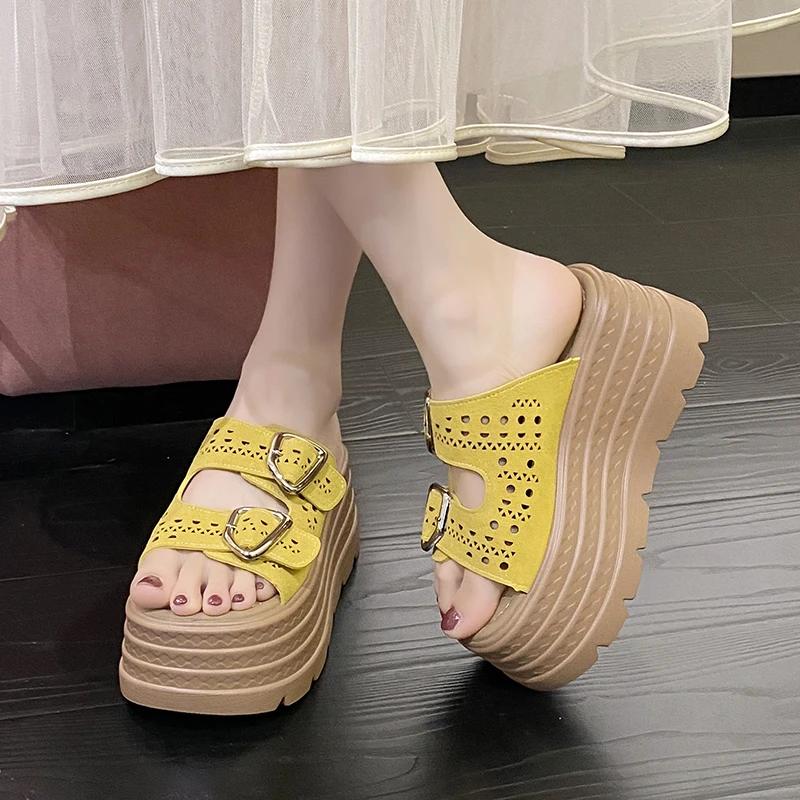 Fashion 8CM Trendy Streetlish Buckles Slippers for Women Nubuck Leather 2025 Summer Platform Shoes Ladies Comfort Fashion Slipper Woman