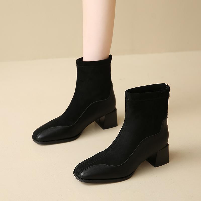 Zimní moderní kozačky na zip s hranatým podpatkem, střední podpatek, jednobarevné, dámské boty ve výprodeji 2024, značkové, kulatá špička, střední podpatek, stručné dámské kozačky