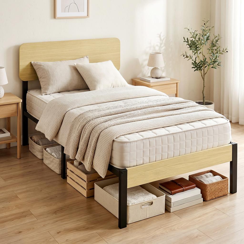 Bed Frame 90 X 200 Cm with Headboard, Platform Bed, Single Bed with Under-Bed Storage