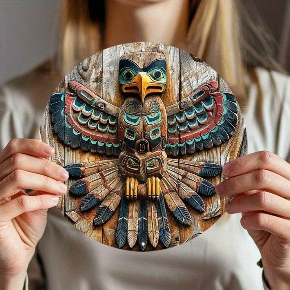 Retro Metal Tin Sign Native American Totem Pole, Round Wall Art Decor, Waterproof Outdoor Plaque, Pre-Drilled 4 Holes