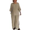 2 Pcs/Set Women Shirt Pants Set Color O Quarter Neck Three Solid Sleeve Top Wide Leg Elastic Waist Loose
