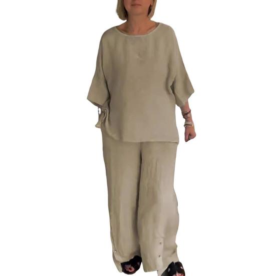 2 Pcs/Set Women Shirt Pants Set Color O Quarter Neck Three Solid Sleeve Top Wide Leg Elastic Waist Loose