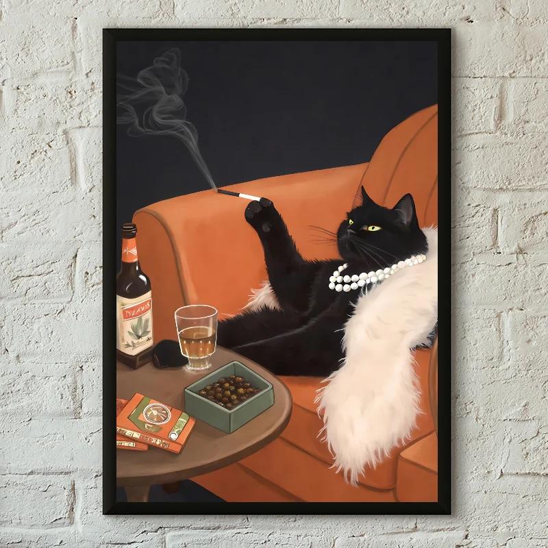 1PC Funny Black White Cats Red Wine Poster Poster Print Home Living Room Bedroom Entrance Bar Cafe Art Canvas Painting Decor