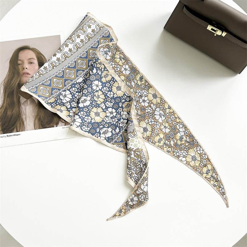 Spring and summer pastoral flower rhombus scarf dark pattern jacquard simulation silk scarf women's neck temperament small scarf tied bag