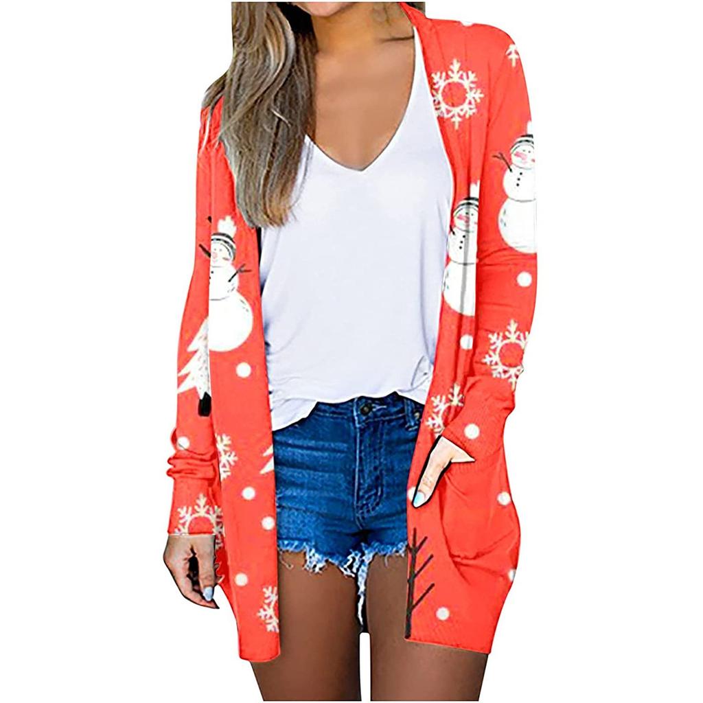 Women's Christmas Long Sleeve Front Cardigan Printed Top Lightweight Jacket