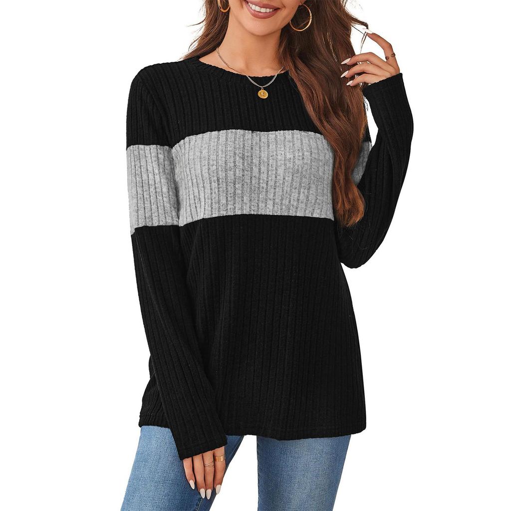 Women's Sweater Fashion Ribbed Color Block Top Long Sleeve Round Neck T-shirt
