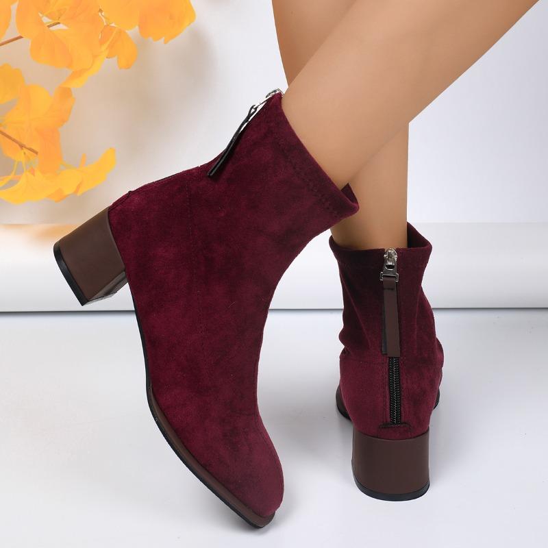 Fashion Solid Color Office High Heels Women's Boot 2024 New Winter Women's Square Toe Suede Ankle Boots Back Zipper Ladies Shoes