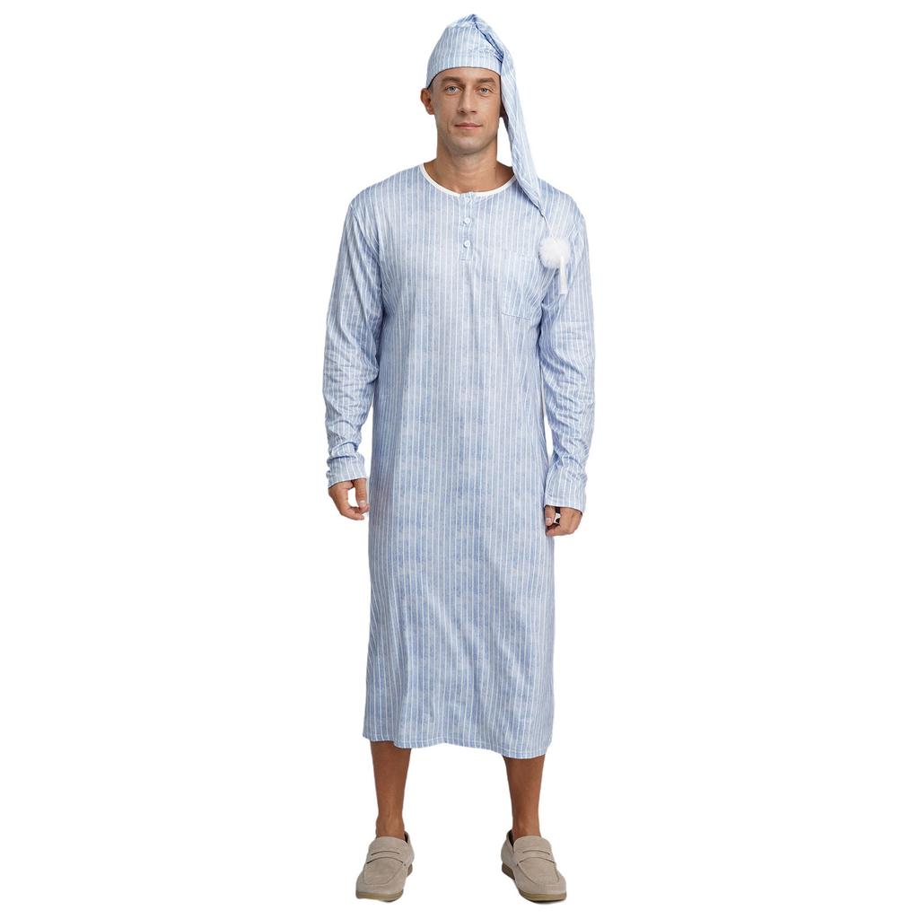 Męska odzież nocna Sissy Pasiasty szlafrok nocny Długi rękaw Długi szlafrok Pompon Regulowana czapka do spania Arabskie piżamy