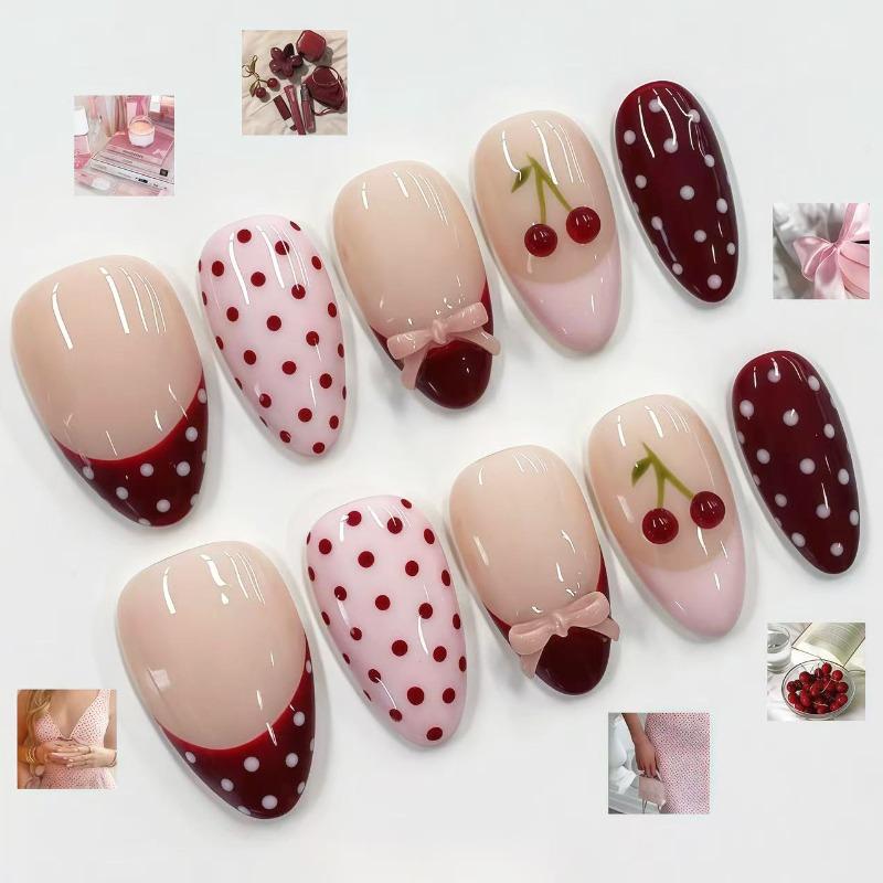 24PCS Pink Brown Cherry Polka Dots French False Nails Sweet 3D Bow Almond Press On Nails for Women Ins Style Wearable Full Cover