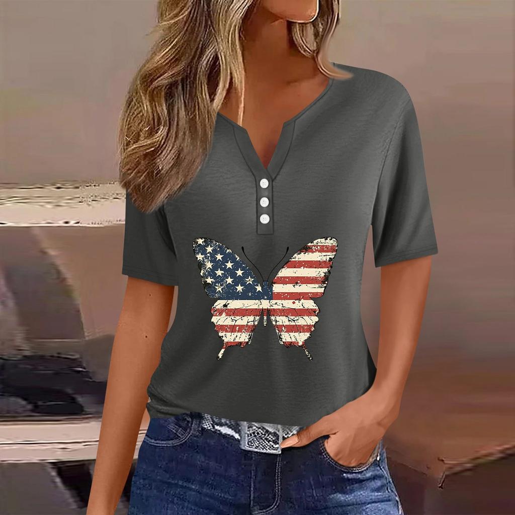 Women's T Shirt Tee Independence Day Print Button Short Sleeve Daily Weekend Fashion Basic V-Neck Regular Top