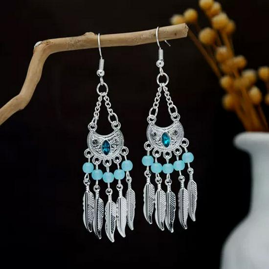 Peacock Tassel Earrings with Hollow Leaf Design in Retro Ethnic Style Imitation Silver for Women
