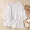 Women Cotton Linen Flower Embroidery Shirt Women Three Quarter Sleeves V-Neck Casual Blouse Loose Solid Color Mother Blouse Women Top