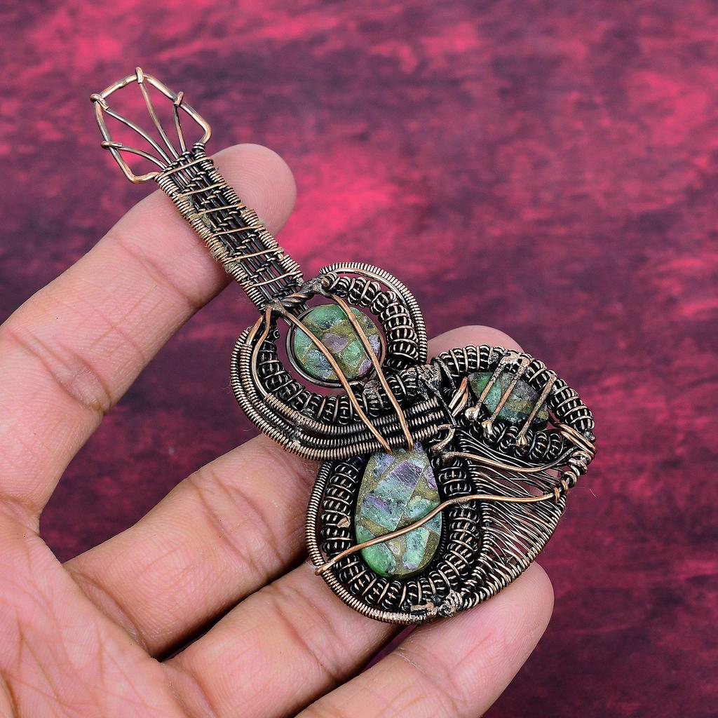 Copper Ruby Zoisite Gemstone Pendant Copper Wire Wrapped Jewelry Guitar Pendant