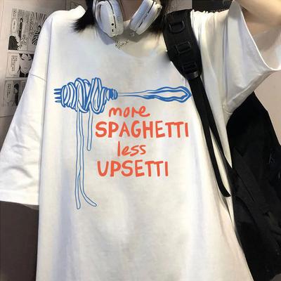 Mehr Spaghetti Weniger Upsetti Lustiges Essen T-Shirt Herren Damen Mode Ästhetisches T-Shirt Oversized Baumwolle Lässig Rundhals T-Shirts Geschenke