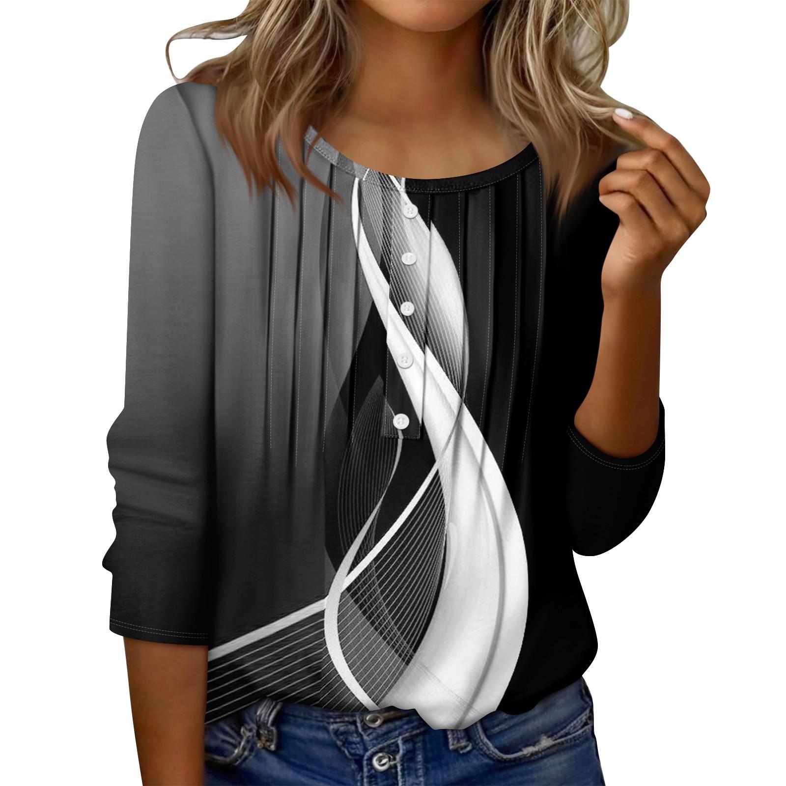 

Женский топ с круглым вырезом, декоративными пуговицами и полосками, повседневная футболка однотонного цвета с рукавом 3/4 L чёрный