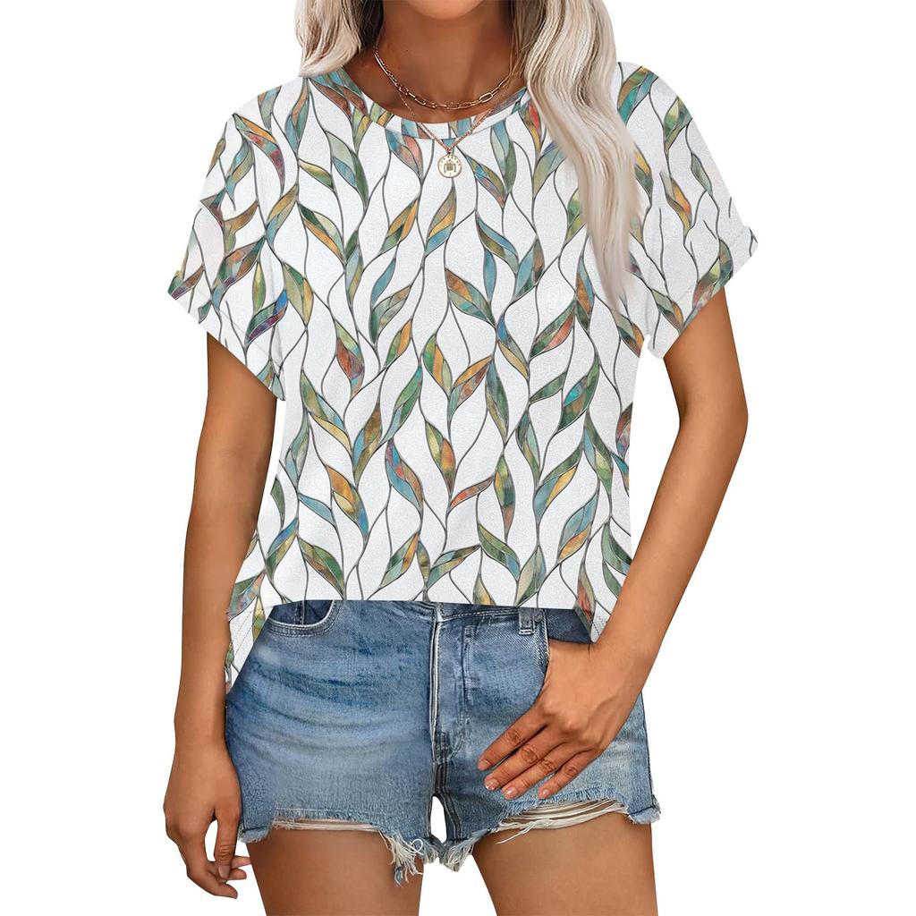 Women's Casual Fashion Round Neck Rolled Hem Short Sleeve Floral Top