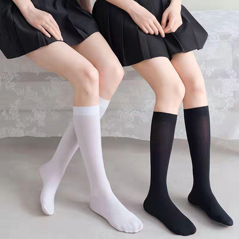 Women's Japanese Style Velvet Knee-High Socks: White & Black Mid-Calf Length Stockings