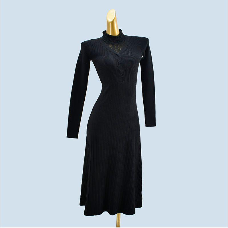 

from Cupboard Half Turtleneck Autumn and Winter Lace Splicing Elegant Knitting Sweater Long Sleeve Silm A- Shaped Mid Length Long Length Dress Black One size