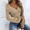 GMXIA Women's Fashion Casual Solid Color Print Autumn Winter Long Sleeve V-Neck Slim Temperament Commuter Twist Knitting T-shirt