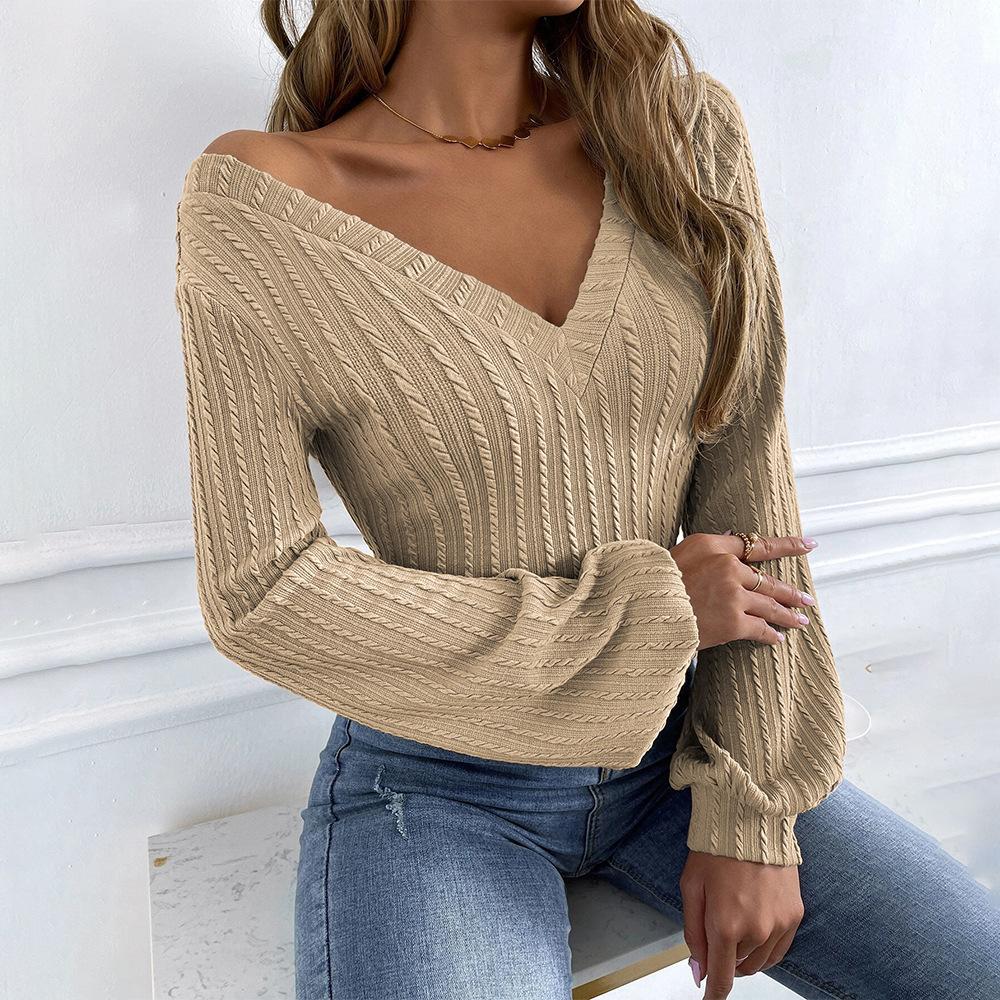 GMXIA Women's Fashion Casual Solid Color Print Autumn Winter Long Sleeve V-Neck Slim Temperament Commuter Twist Knitting T-shirt