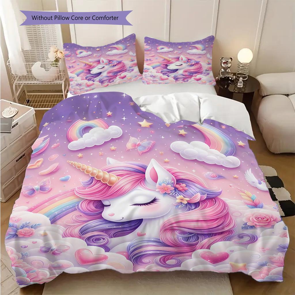 Einhorn auf den Wolken Bettwäsche, Bettbezug, Kissenbezug, Heimdekoration, Geburtstagsgeschenk (1 * Bettbezug+2 * Kissenbezug, ohne Füllung)