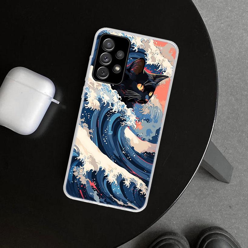 Anime Cat Sea Wave Aesthetic Phone Case for Samsung Galaxy A17 A16 A26 A36 A56 A57 A37 A15 A25 A35 A55 A14 A24 A34 A54 A13 A23 A