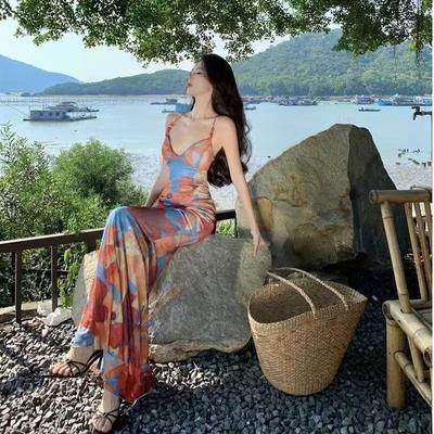 Seaside Vacation Style Fun Printing Suspender Dress Women's Summer New Waist and Thin Sexy Backless Long Skirt