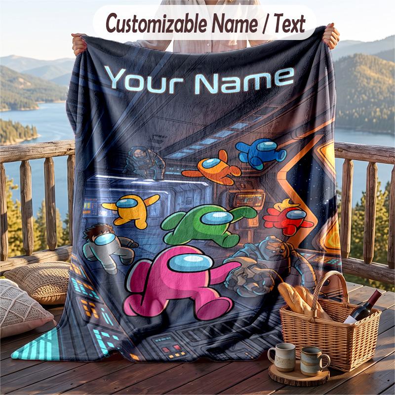 Among Us Flannel Blanket, Personalized Custom Name Text, Soft Warm Plush Throw Blanket For Gift