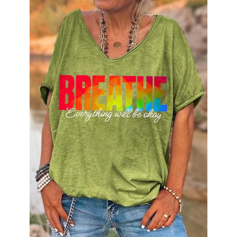 Ilstile Damen Atmungsaktive T-Shirts mit Buchstabenaufdruck Sommer Kurzarm Lässige Lockere V-Ausschnitt Tops T-Shirts Schwarz Blau NEU