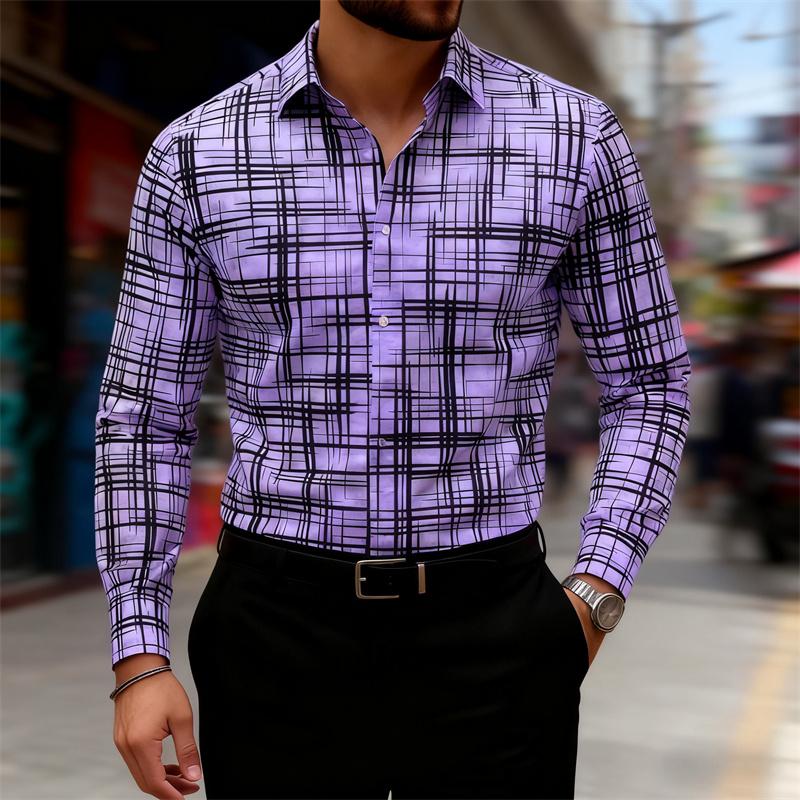 2025 New Men's Trendy Geometric Line Print Long-sleeved Shirt 18 Colors Personality Fashion Slim Lapel Casual Versatile Shirt
