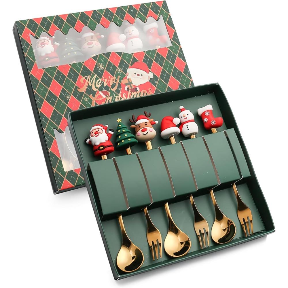 6 Pcs Christmas Decorative Spoons and Forks for Home Coffee Spoons Dinner Forks Dessert Spoons Stirring Spoons Green Packaging