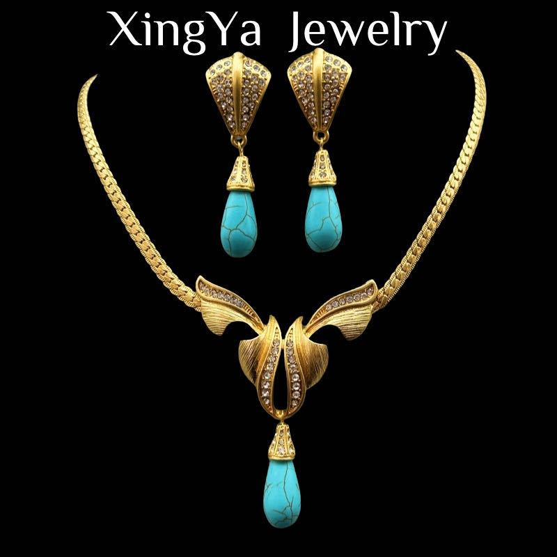 Medieval Vintage Western Full Set Heavy Duty Water Drop Turquoise Bow Collar Earnail