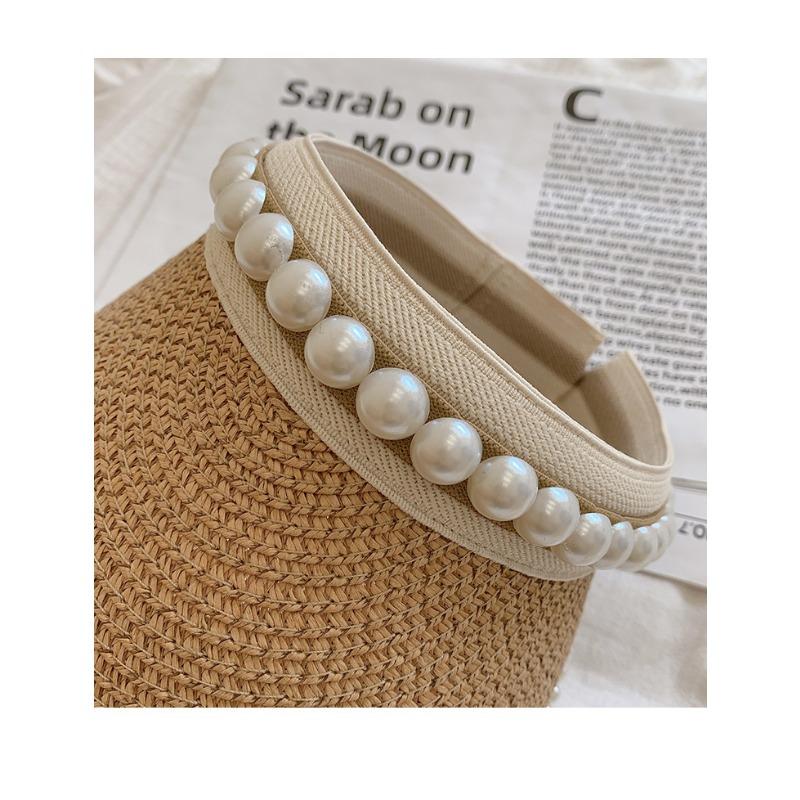 Straw pearl sun hat headband empty top straw hat women's summer hairpin no top cover face sun hat outdoor